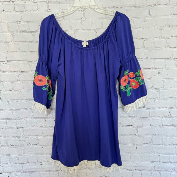 Umgee Wms Large Purple Off Shoulder Mini Dress Embroidered Flowers Boho Peasant - Picture 2 of 11